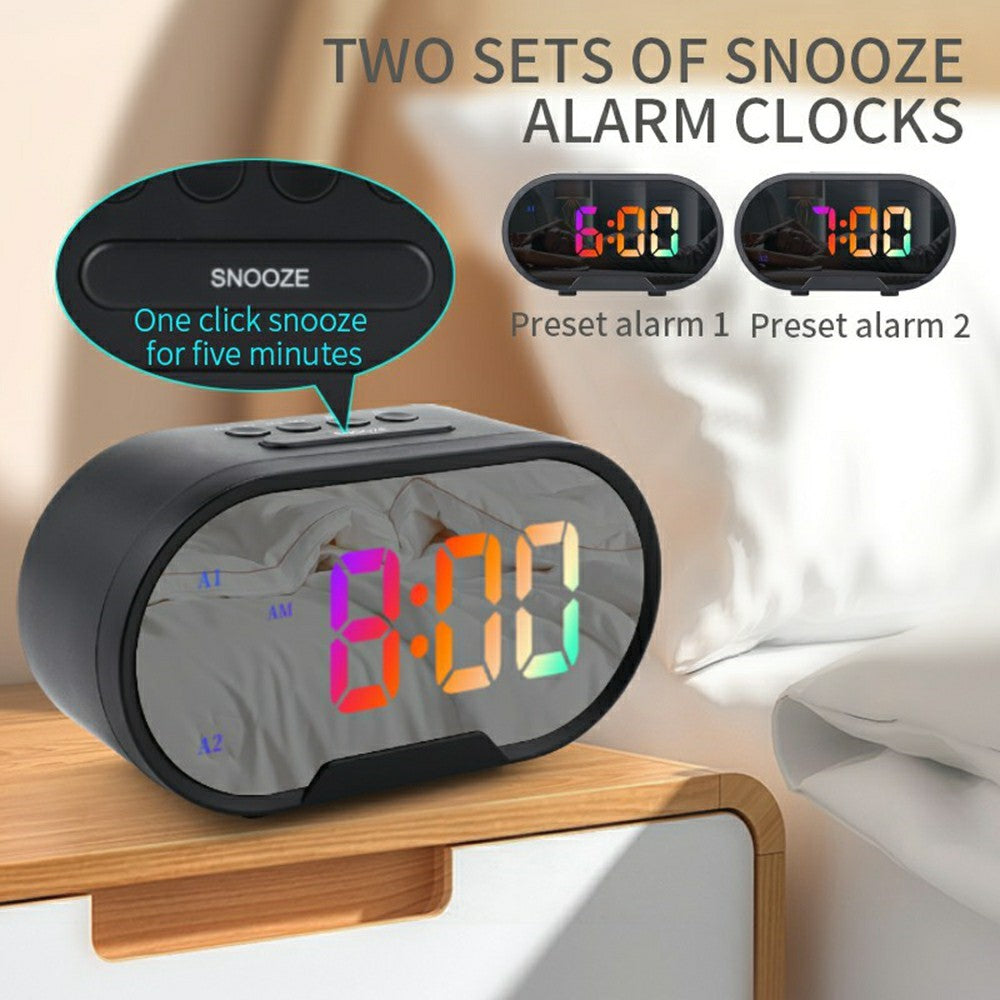 TS-R900 LED Digital Alarm Clock 5.5 Inch Mirror Display Dual USB Charging Desk Clock for Bedroom Desktop