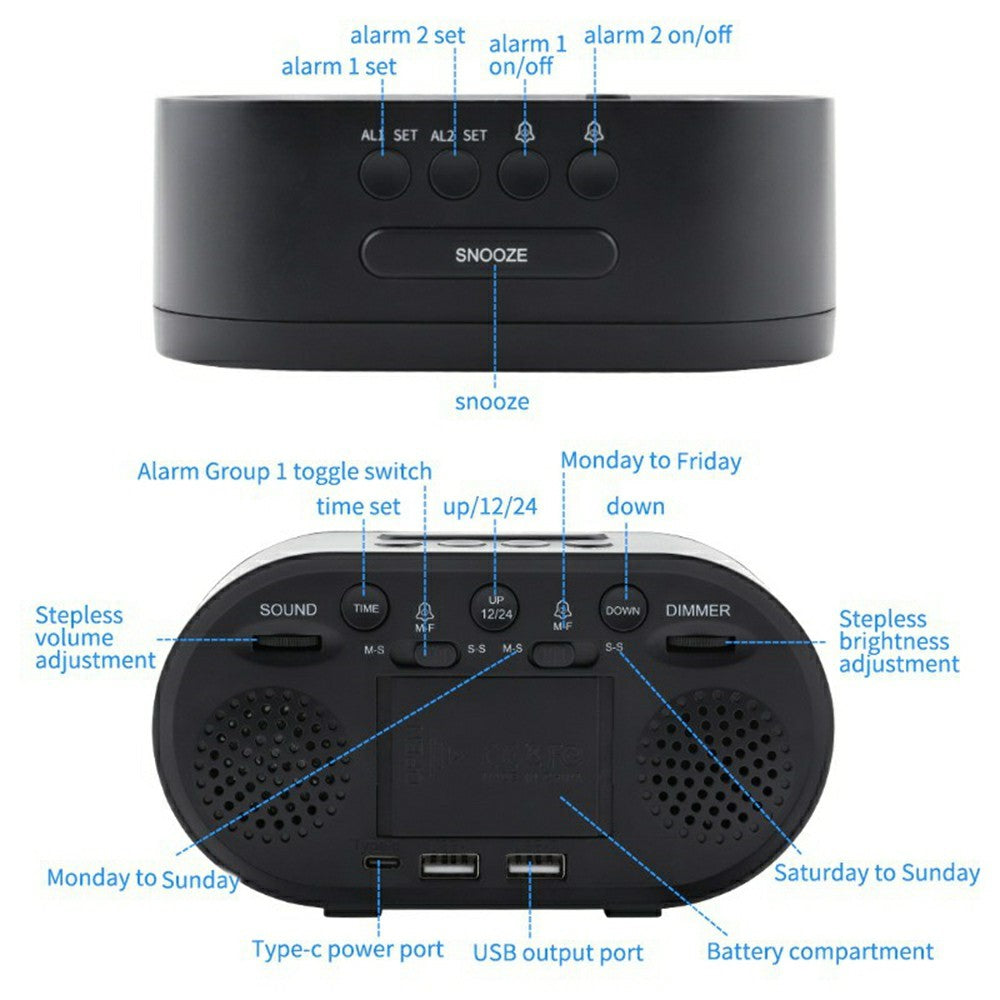 TS-R900 LED Digital Alarm Clock 5.5 Inch Mirror Display Dual USB Charging Desk Clock for Bedroom Desktop