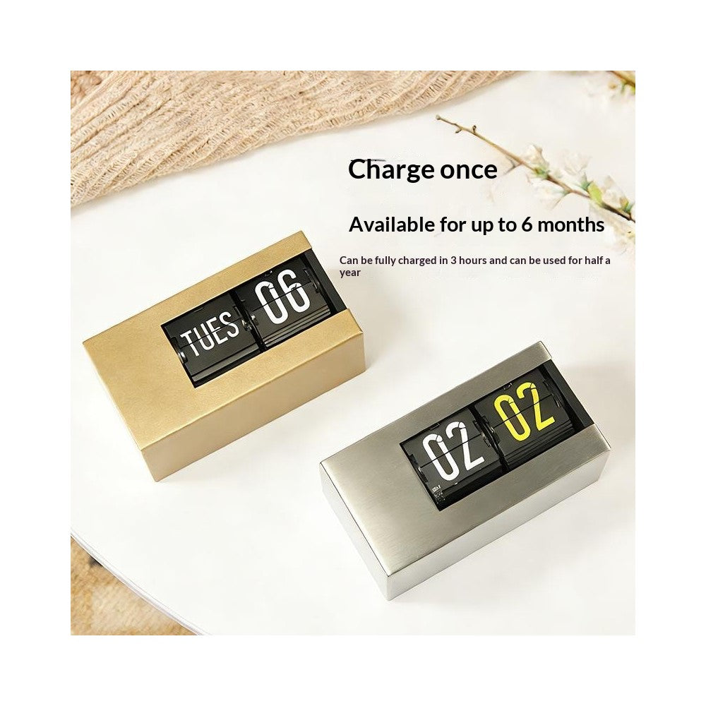 Flip Calendar Table Clock Desktop Decor Digital Display Auto-Page Turning 2000mAh Rechargeable Clip Clock for Home Office