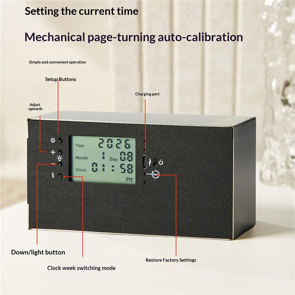 Flip Calendar Table Clock Desktop Decor Digital Display Auto-Page Turning 2000mAh Rechargeable Clip Clock for Home Office