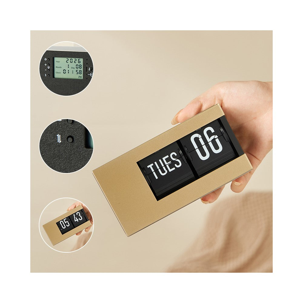 Flip Calendar Table Clock Desktop Decor Digital Display Auto-Page Turning 2000mAh Rechargeable Clip Clock for Home Office
