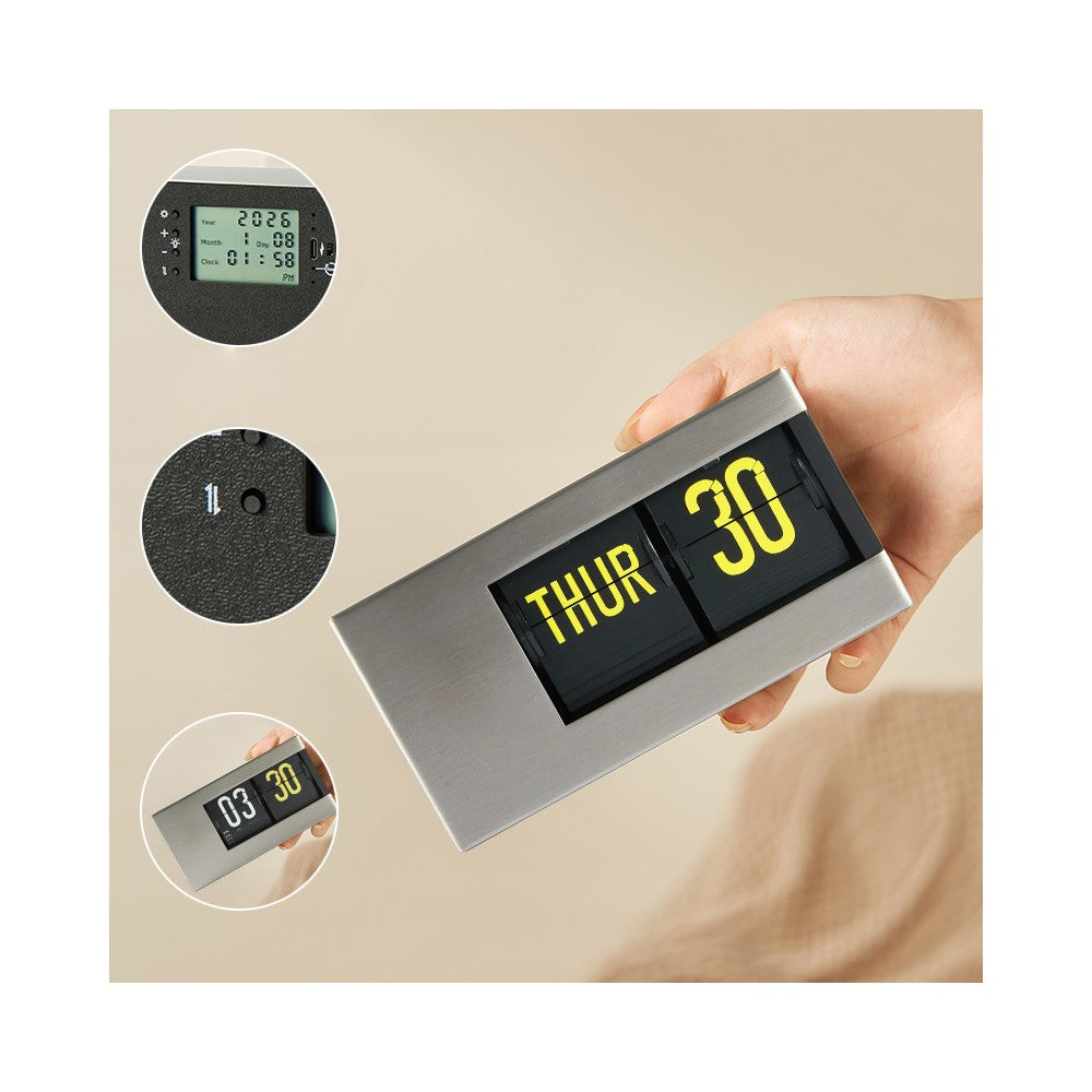 Flip Calendar Table Clock Desktop Decor Digital Display Auto-Page Turning 2000mAh Rechargeable Clip Clock for Home Office