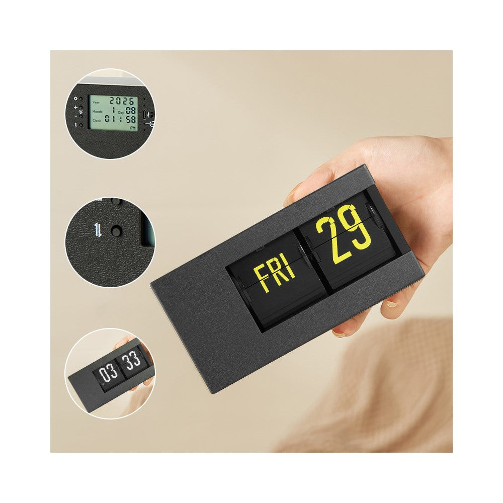 Flip Calendar Table Clock Desktop Decor Digital Display Auto-Page Turning 2000mAh Rechargeable Clip Clock for Home Office