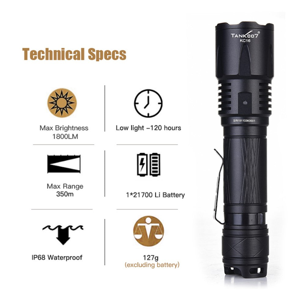 TANK007 KC16 1800lm High Brightness Tactical Flashlight Type C Rechargeable LED Torch