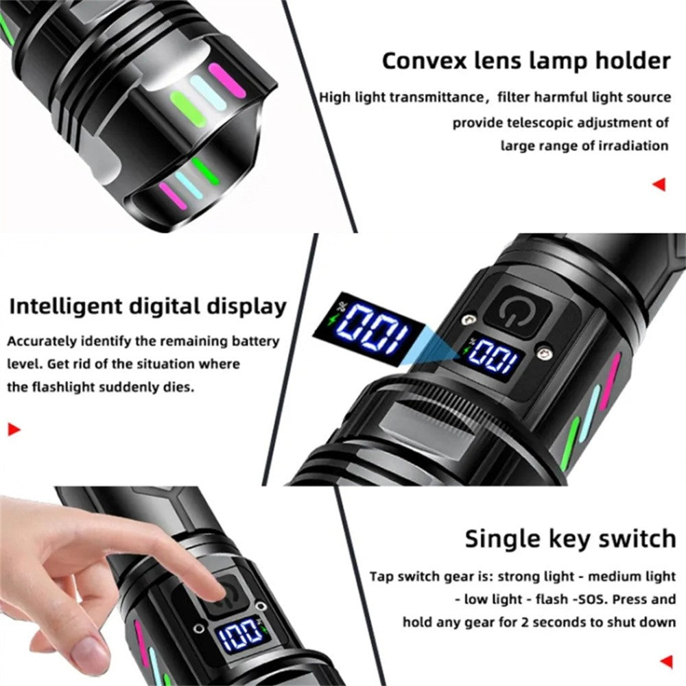 A08 Digital Display 5 Modes Flat Port Flashlight High Power LED Torch with Fluorescent Strip ( with Battery )