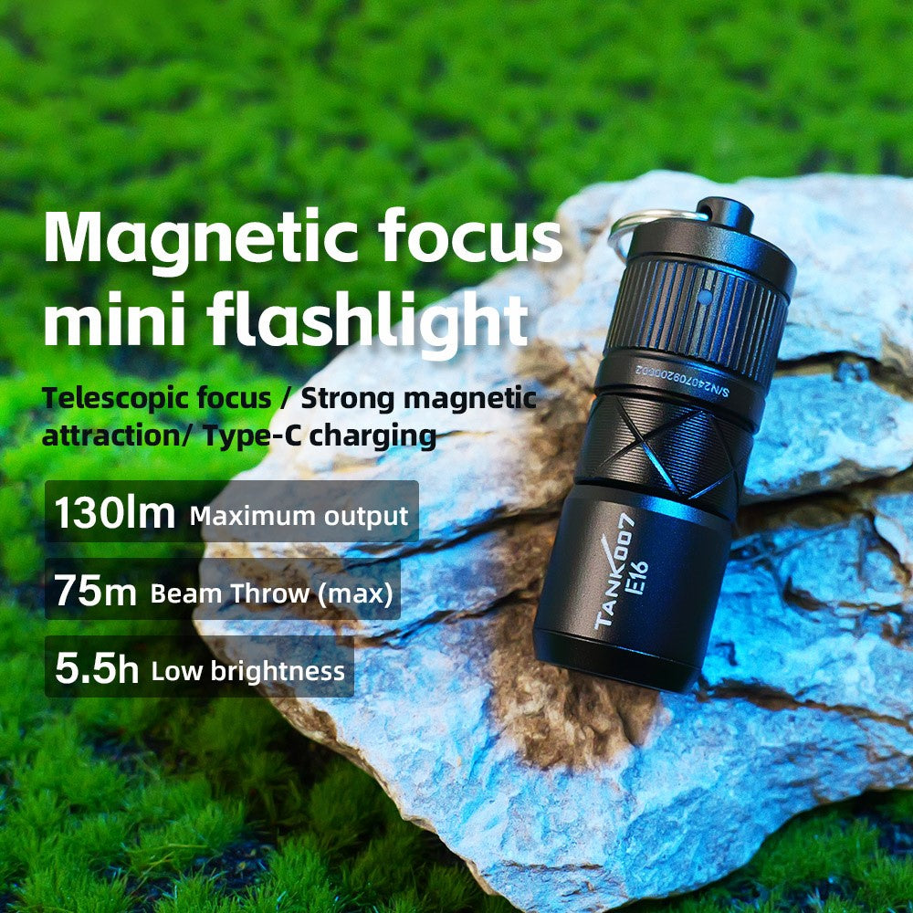 TANK007 E16 Mini Flashlight Zoomable USB Rechargeable Aluminum Alloy Torch with Keychain