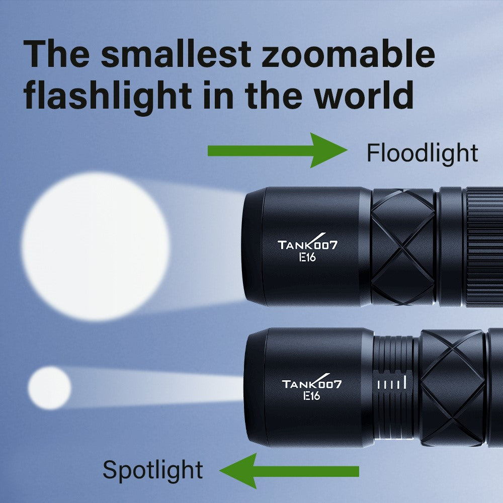 TANK007 E16 Mini Flashlight Zoomable USB Rechargeable Aluminum Alloy Torch with Keychain