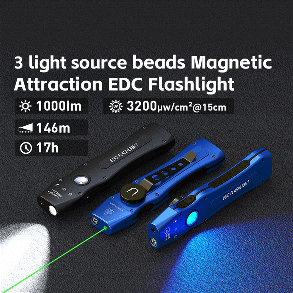 TANK007 WF02L Multifunction EDC Flashlight IP64 Waterproof White Light UV Green Laser Flat Torch with Back Clip