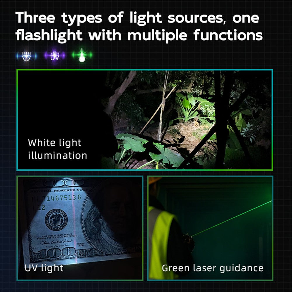 TANK007 WF02L Multifunction EDC Flashlight IP64 Waterproof White Light UV Green Laser Flat Torch with Back Clip