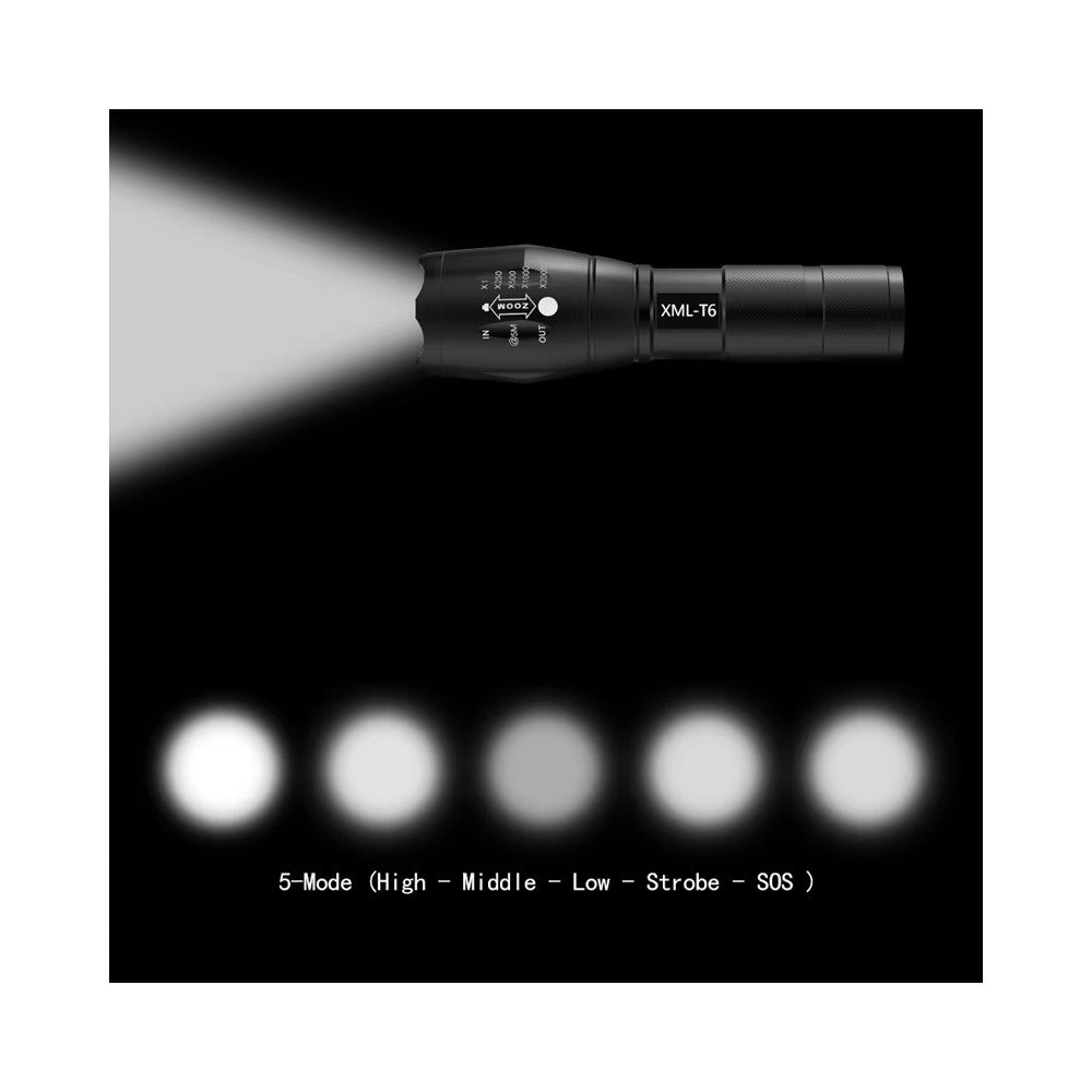 ULTRAFIRE A100 USB Rechargeable Flashlight 5 Modes Adjustable Focus Waterproof T6 LED Torch, with EU Plug Charger