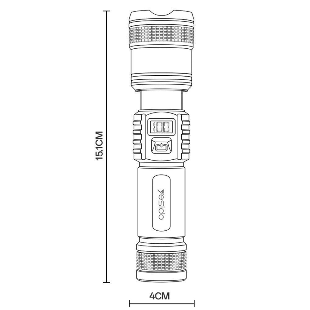 YESIDO TC11 Telescopic Zoomable Flashlight LED White Laser 3 Modes Rechargeable Torch with Digital Display