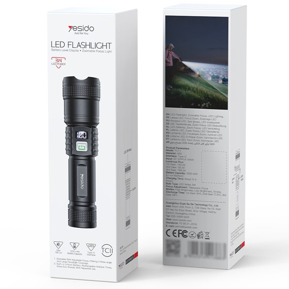YESIDO TC11 Telescopic Zoomable Flashlight LED White Laser 3 Modes Rechargeable Torch with Digital Display