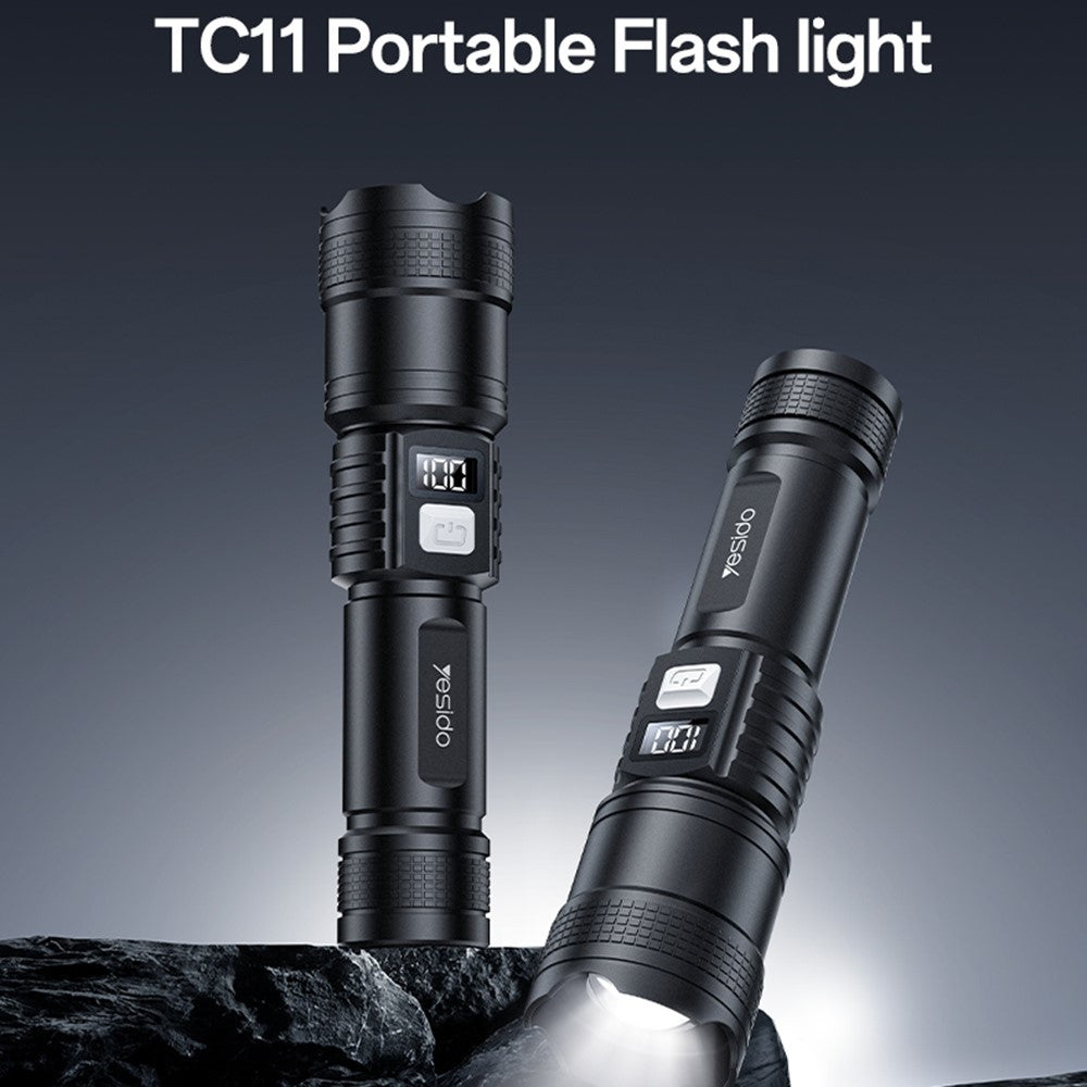 YESIDO TC11 Telescopic Zoomable Flashlight LED White Laser 3 Modes Rechargeable Torch with Digital Display
