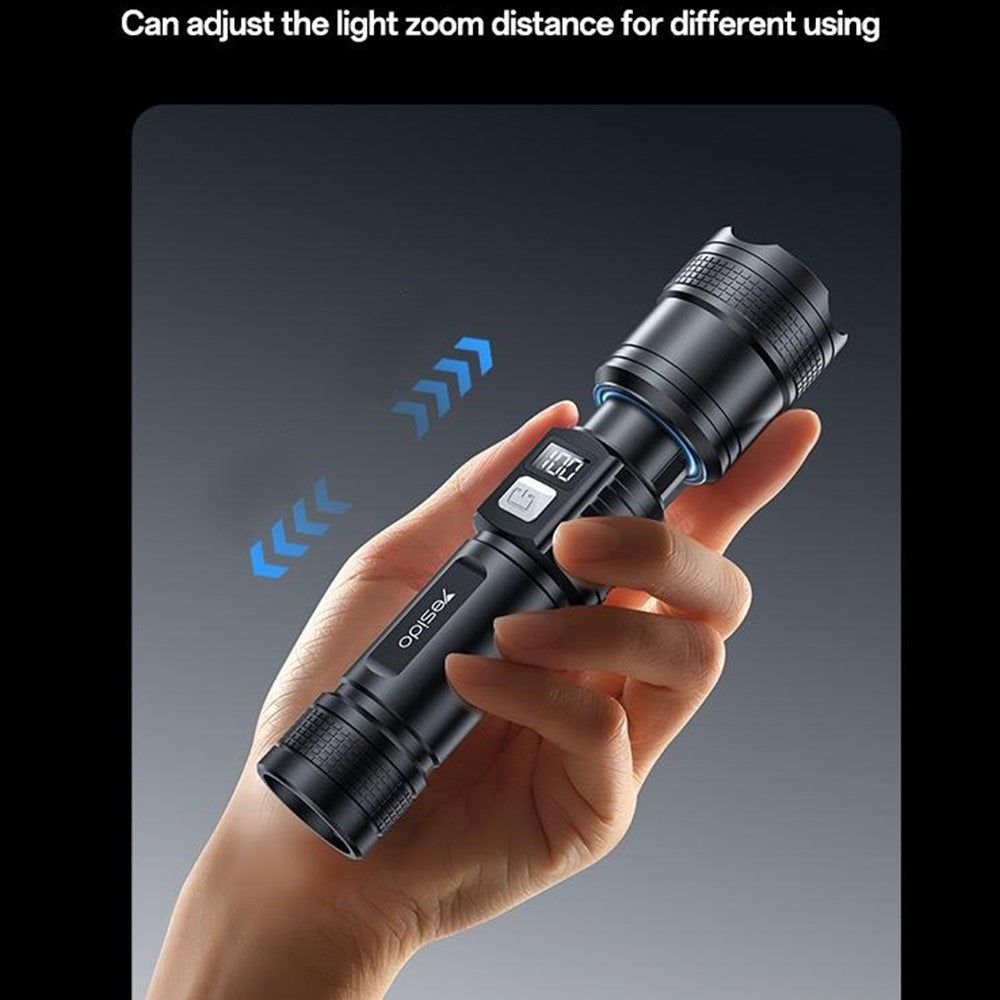 YESIDO TC11 Telescopic Zoomable Flashlight LED White Laser 3 Modes Rechargeable Torch with Digital Display