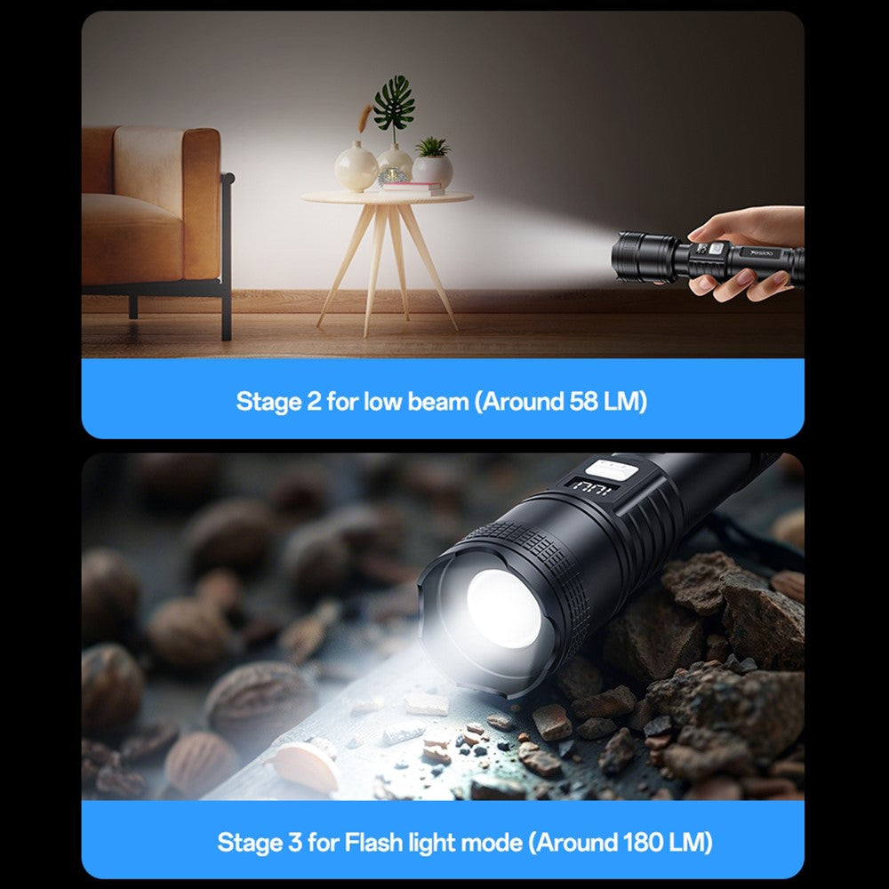 YESIDO TC11 Telescopic Zoomable Flashlight LED White Laser 3 Modes Rechargeable Torch with Digital Display