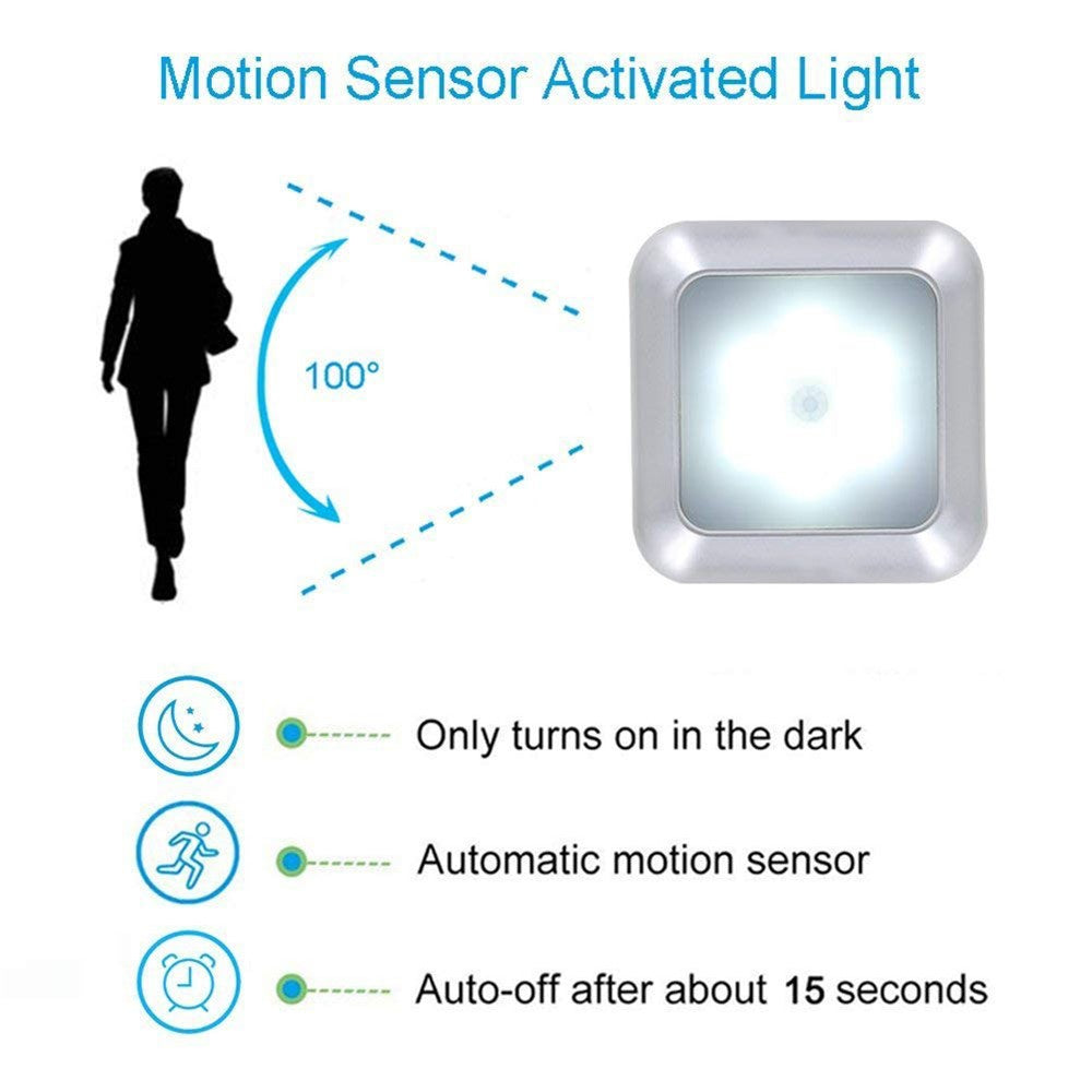 1Pc 1143 Square 6 LED Motion Sensor Night Light Battery Powered PIR Induction Under Cabinet Light Closet Lamp