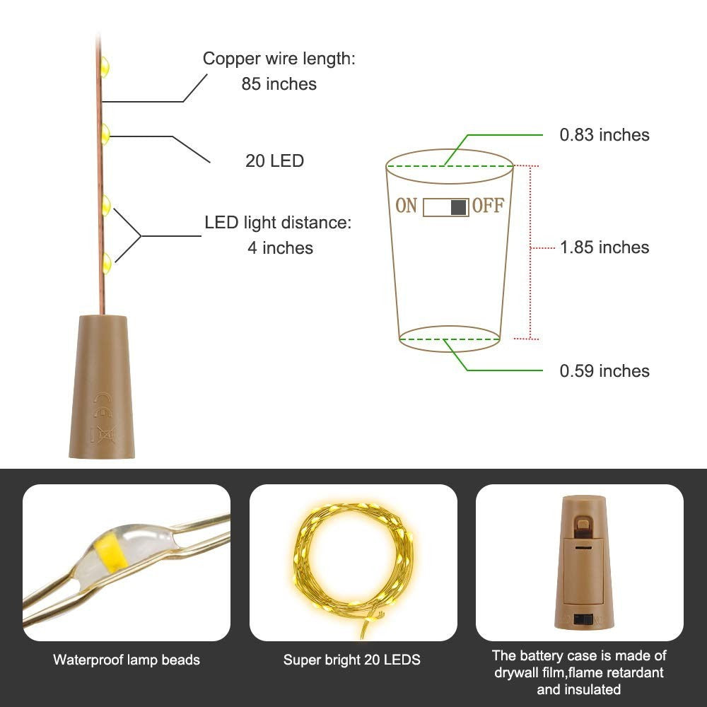 10Pcs Copper Wire 2m Wine Bottle Plug String Light LED Waterproof Festival Lighting Decor with 10Pcs Extra Batteries