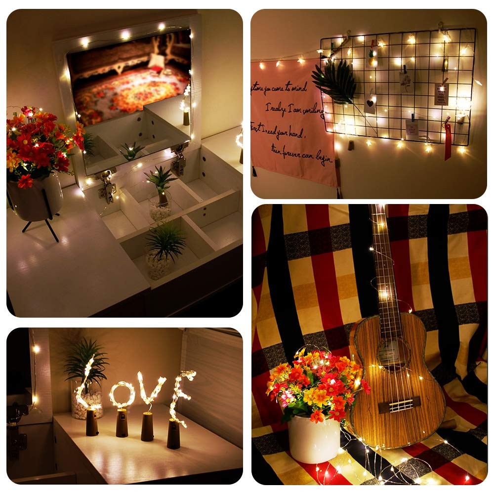 10Pcs Copper Wire 2m Wine Bottle Plug String Light LED Waterproof Festival Lighting Decor with 10Pcs Extra Batteries