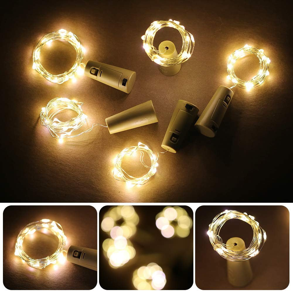 10Pcs Copper Wire 2m Wine Bottle Plug String Light LED Waterproof Festival Lighting Decor with 10Pcs Extra Batteries