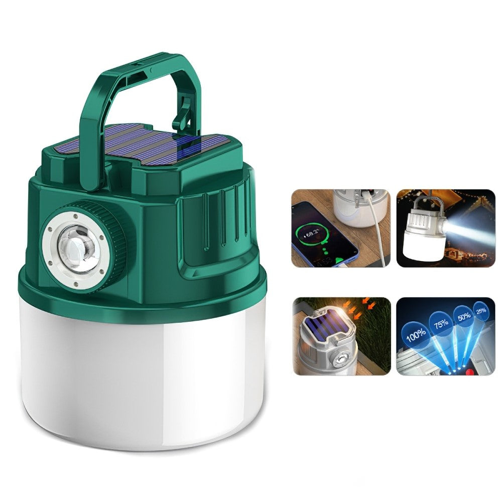 C52 Multi-Functional Flashlight Solar Power Camping Light Zoomable IPX6 Waterproof Tent Lamp with USB Output, Indicator