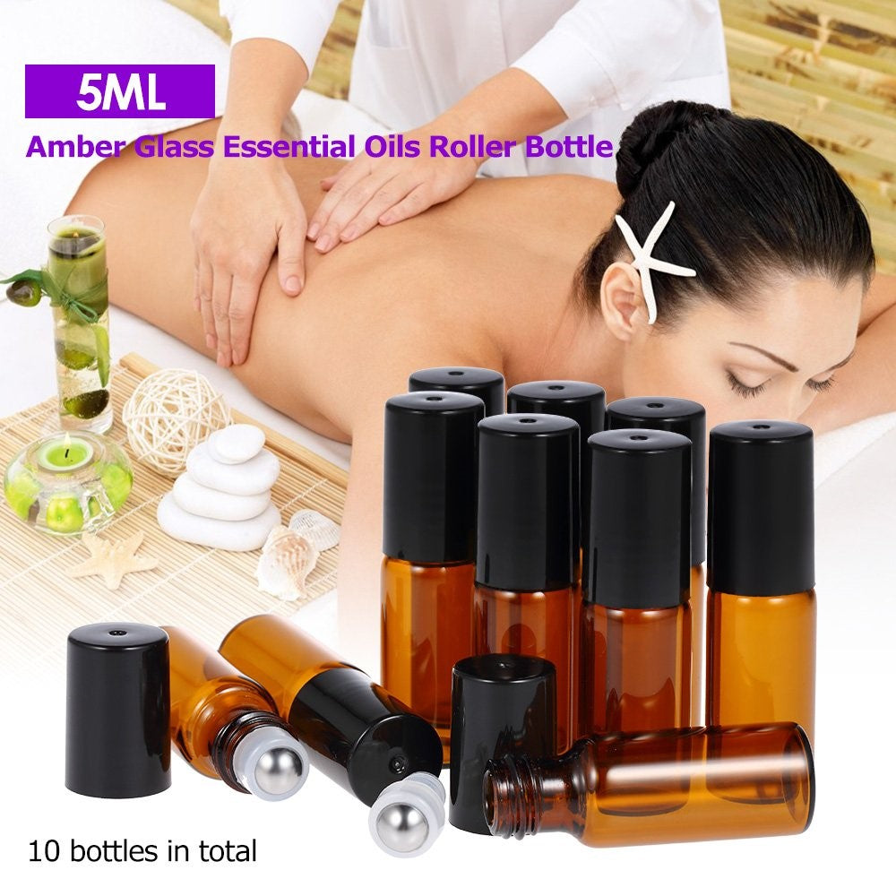 10Pcs 5ml Essential Oil Roller Bottle Stainless Steel Roller Ball Amber Glass Container with Dropper