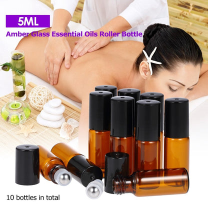 10Pcs 5ml Essential Oil Roller Bottle Stainless Steel Roller Ball Amber Glass Container with Dropper