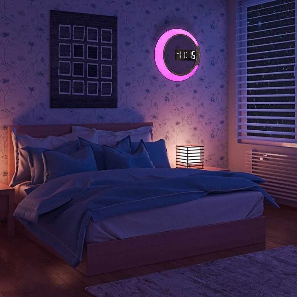 TS-S24 Creative LED Mirror Hollow Wall Clock with Alarm Temperature Ring Light Multi-color Switch
