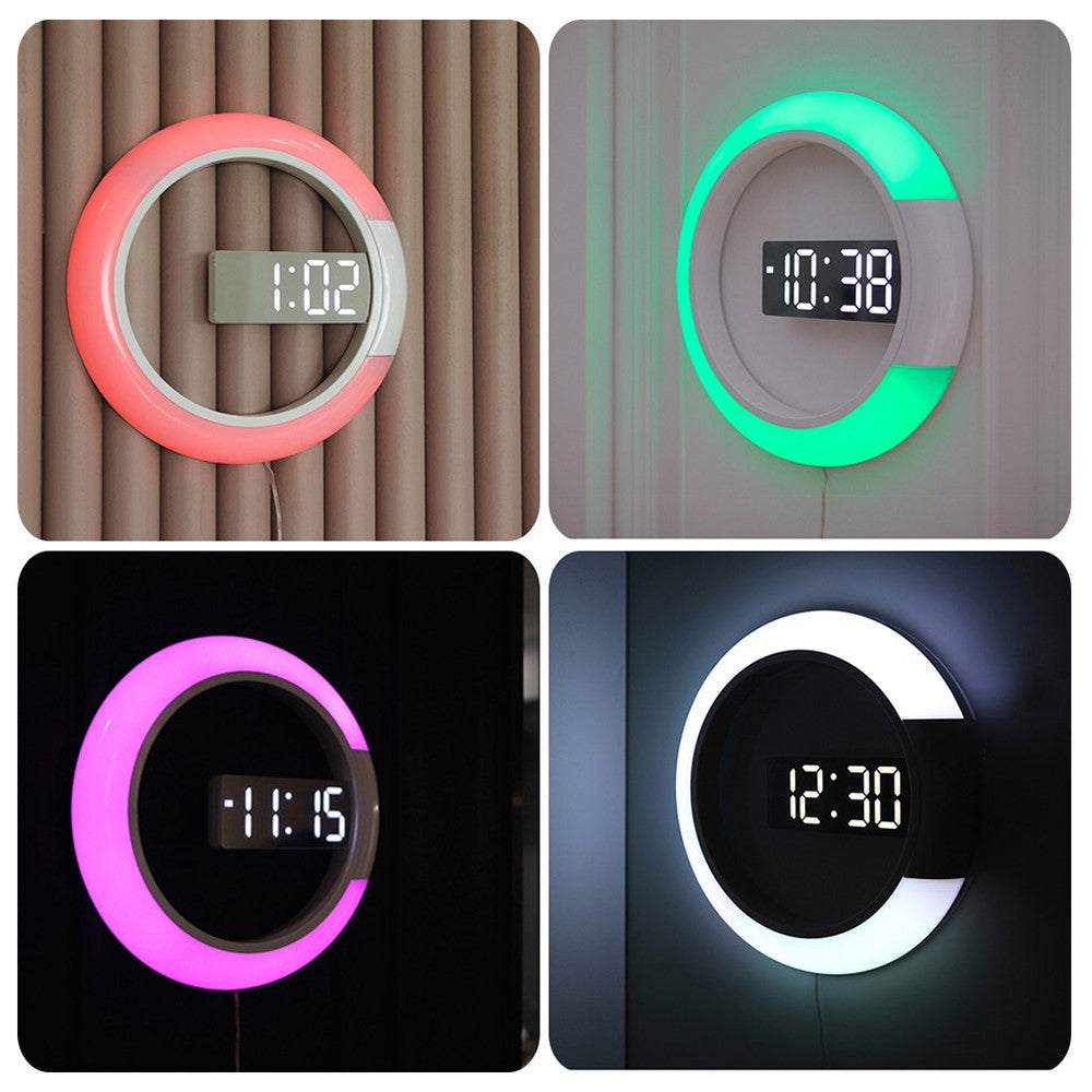 TS-S24 Creative LED Mirror Hollow Wall Clock with Alarm Temperature Ring Light Multi-color Switch