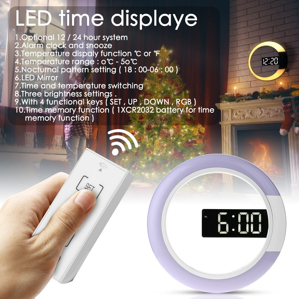 TS-S24 Creative LED Mirror Hollow Wall Clock with Alarm Temperature Ring Light Multi-color Switch