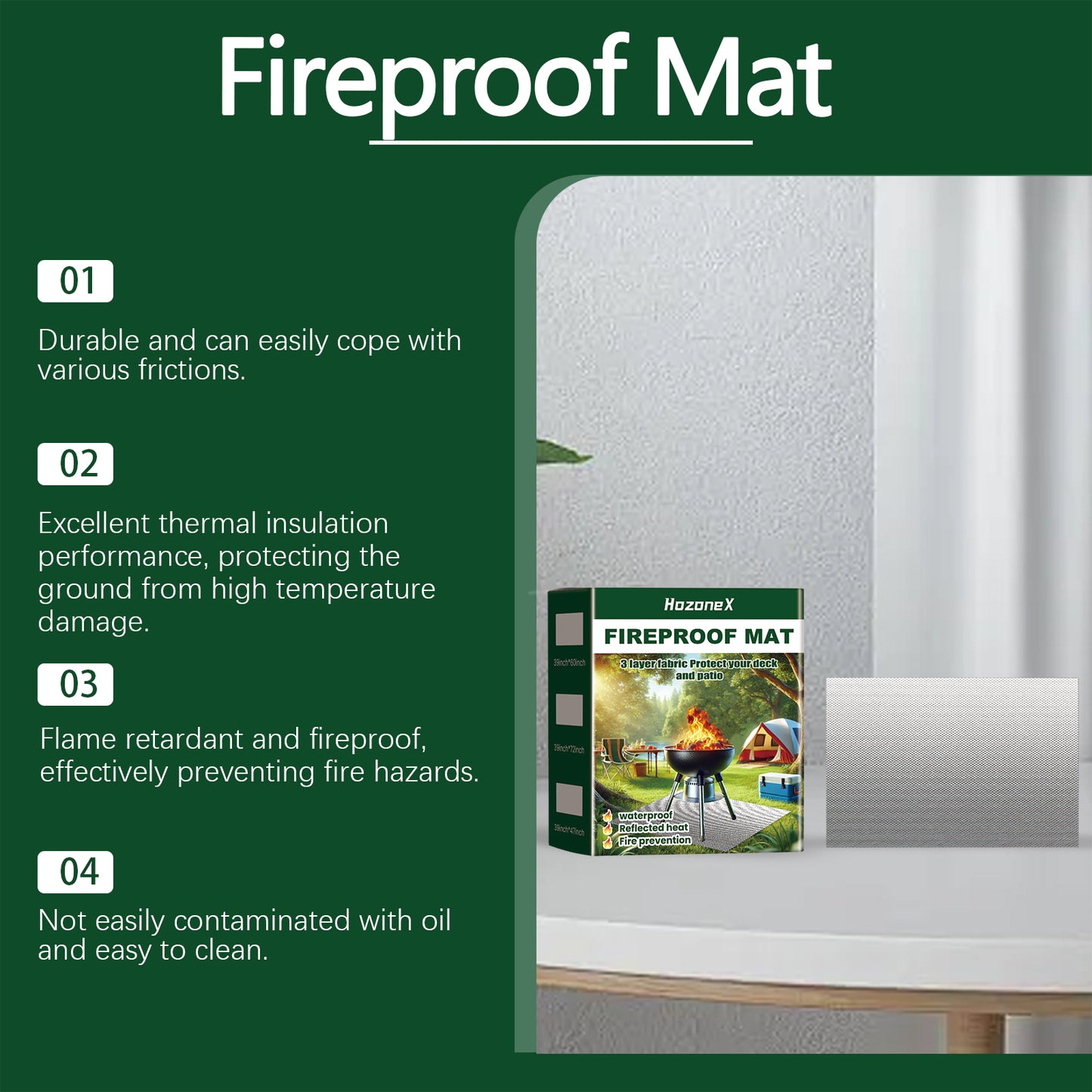 HOZONEX 39x60 Inch Portable BBQ Fire Resistant Mat Outdoor Lawn Patio Fireproof Waterproof Protection Pad