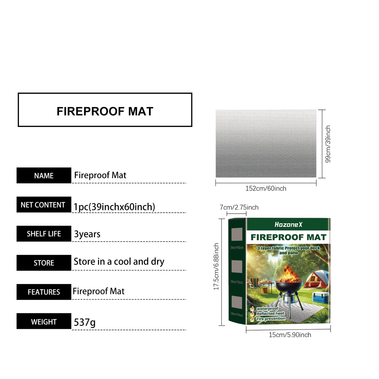HOZONEX 39x60 Inch Portable BBQ Fire Resistant Mat Outdoor Lawn Patio Fireproof Waterproof Protection Pad