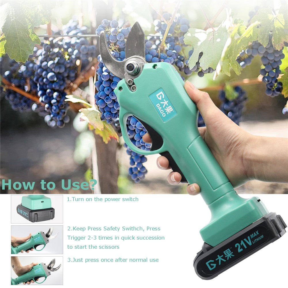 DAGO 21V Electric Pruning Shears Cordless Rechargeable Gardening Fruit Pruner Tree Branch Flowering Bushes Trimmers (1Pc Battery)