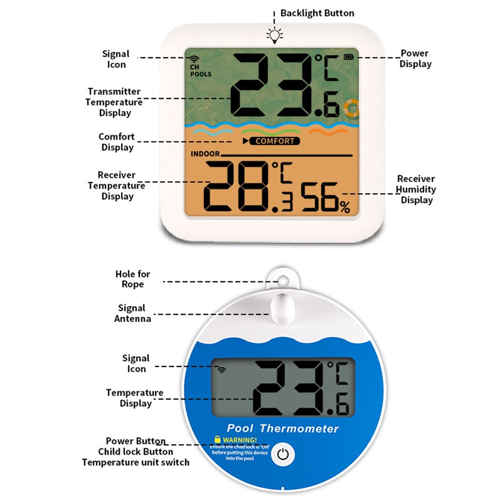 TS-PL07 Wireless Pool Thermometer IP68 Waterproof with Indoor Receiver Floating Digital Water Temperature Gauge for Swimming Pool Spa