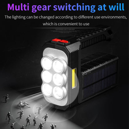 W5116-1 Multi-functional Solar Powered Flashlight Portable 6-lamp Rescue Light Waterproof Searchlight for Hiking Camping