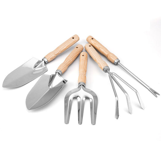 5Pcs Stainless Steel Gardening Tool Wooden Handle Fork Shovel Rake Set
