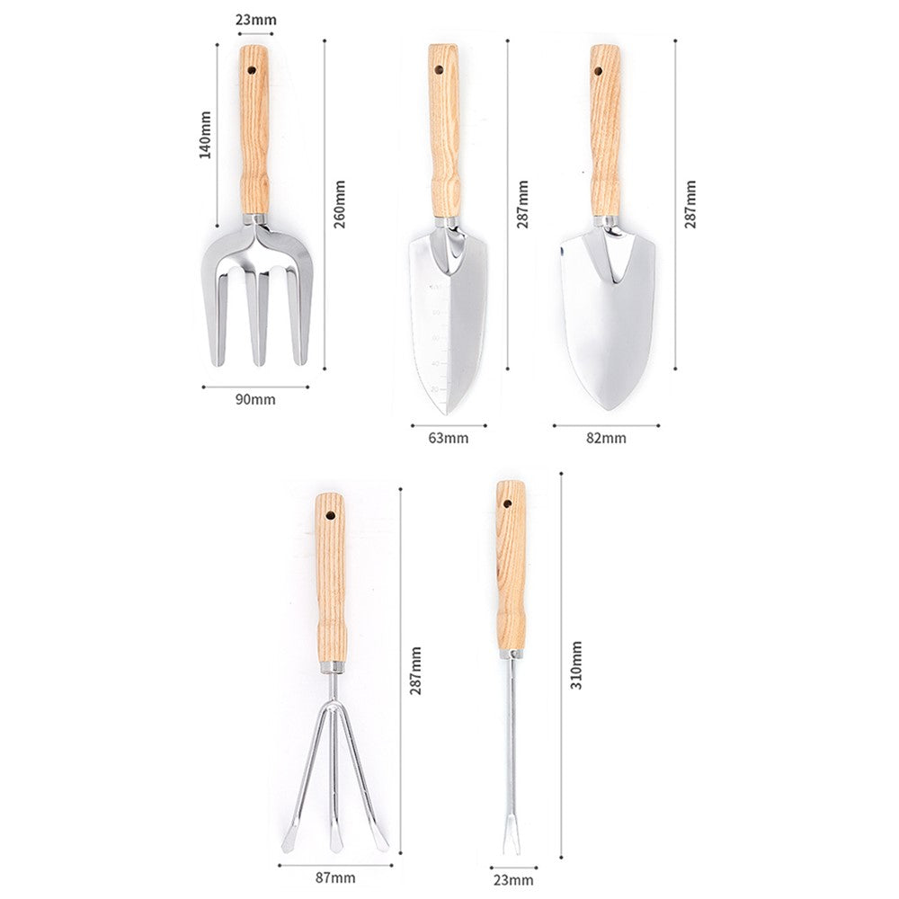 5Pcs Stainless Steel Gardening Tool Wooden Handle Fork Shovel Rake Set