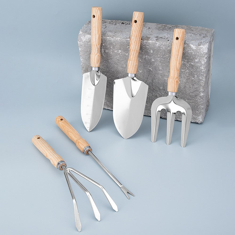 5Pcs Stainless Steel Gardening Tool Wooden Handle Fork Shovel Rake Set