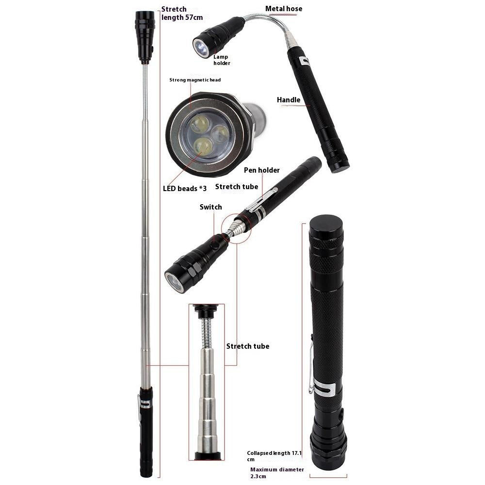 3-LED Extendable Aluminum Alloy Flashlight Magnetic Pickup Tool Flexible Gooseneck Pen Clip Light