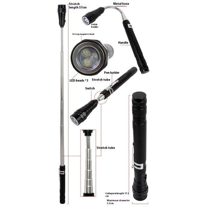 3-LED Extendable Aluminum Alloy Flashlight Magnetic Pickup Tool Flexible Gooseneck Pen Clip Light