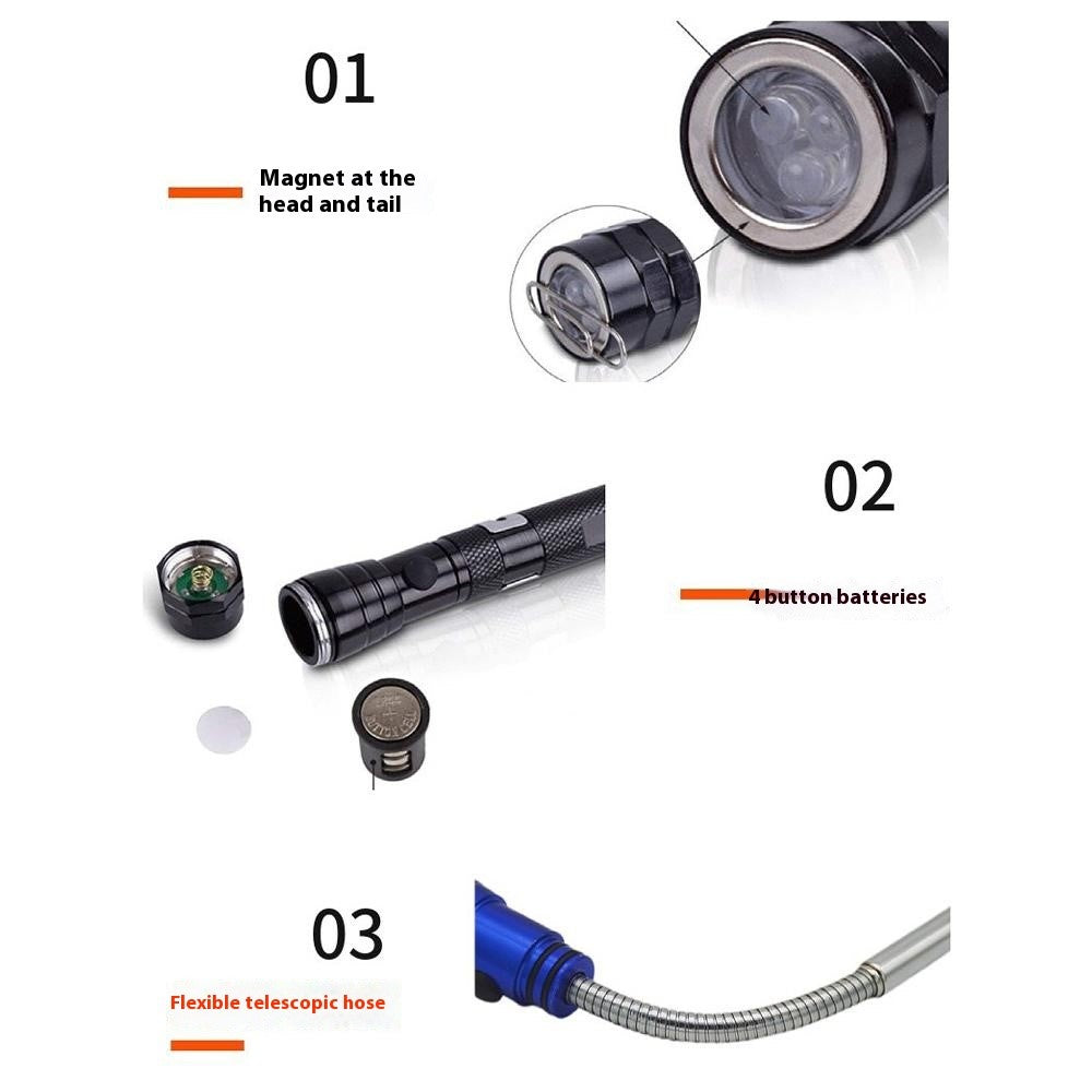 3-LED Extendable Aluminum Alloy Flashlight Magnetic Pickup Tool Flexible Gooseneck Pen Clip Light
