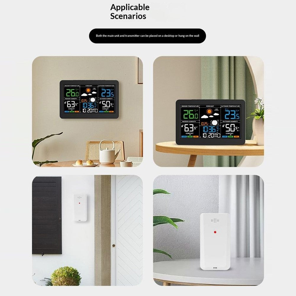 Large Color Screen Weather Clock RF Wireless Digital Alarm Clock with Temperature Humidity Meter 4-Level Weather Forecast