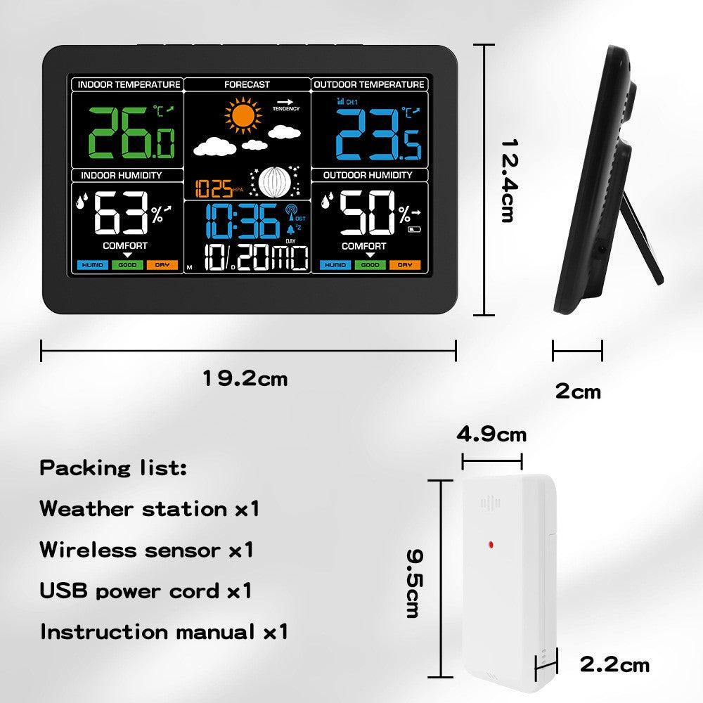 Large Color Screen Weather Clock RF Wireless Digital Alarm Clock with Temperature Humidity Meter 4-Level Weather Forecast