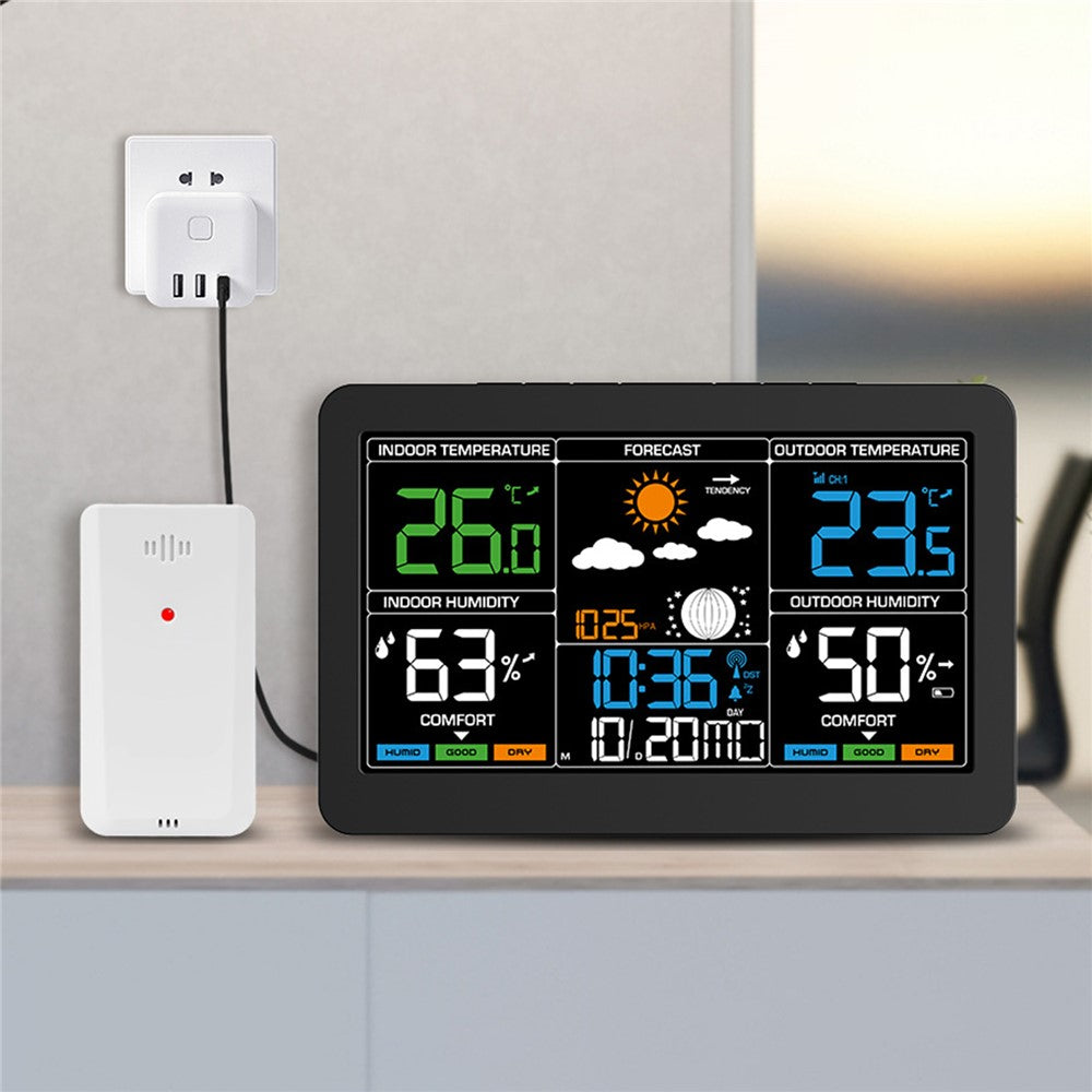 Large Color Screen Weather Clock RF Wireless Digital Alarm Clock with Temperature Humidity Meter 4-Level Weather Forecast