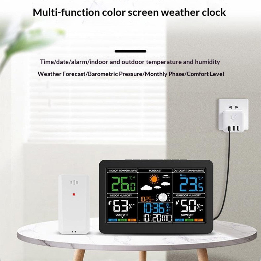 Large Color Screen Weather Clock RF Wireless Digital Alarm Clock with Temperature Humidity Meter 4-Level Weather Forecast