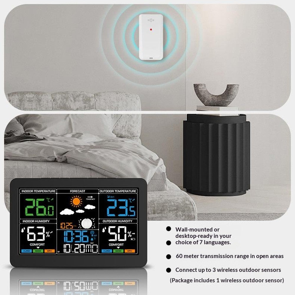 Large Color Screen Weather Clock RF Wireless Digital Alarm Clock with Temperature Humidity Meter 4-Level Weather Forecast
