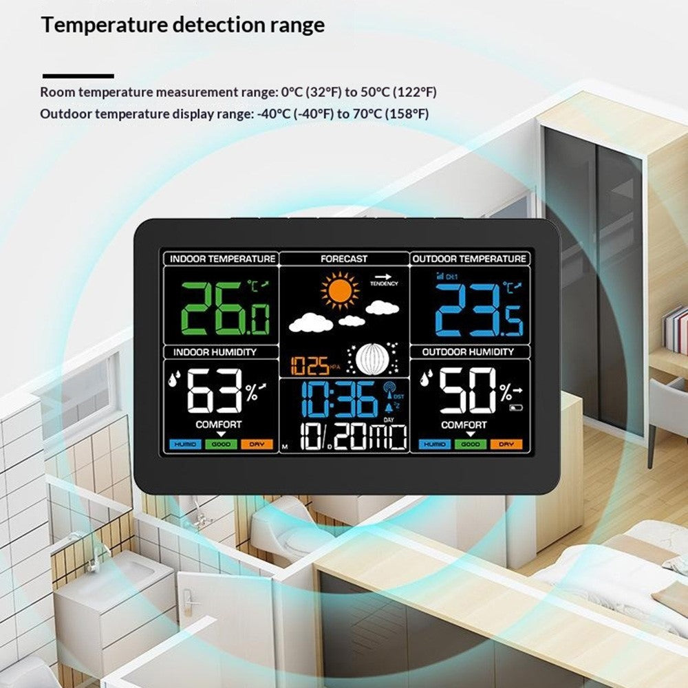 Large Color Screen Weather Clock RF Wireless Digital Alarm Clock with Temperature Humidity Meter 4-Level Weather Forecast