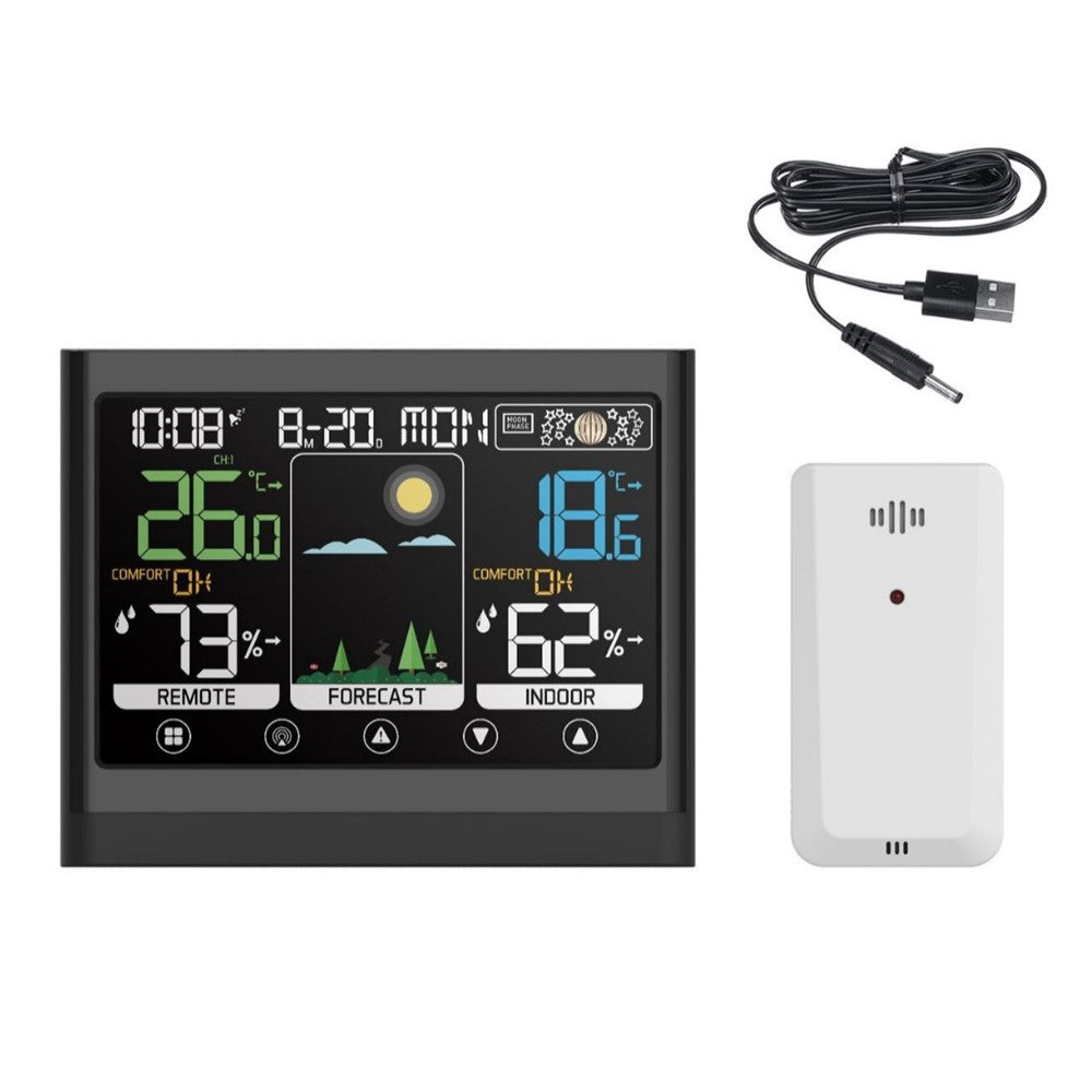 Color Touch Screen Weather Clock RF Wireless Thermometer Hygrometer Weather Forecast Alarm Clock