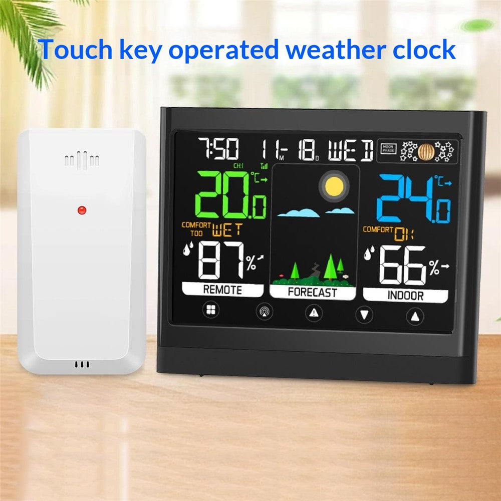 Color Touch Screen Weather Clock RF Wireless Thermometer Hygrometer Weather Forecast Alarm Clock