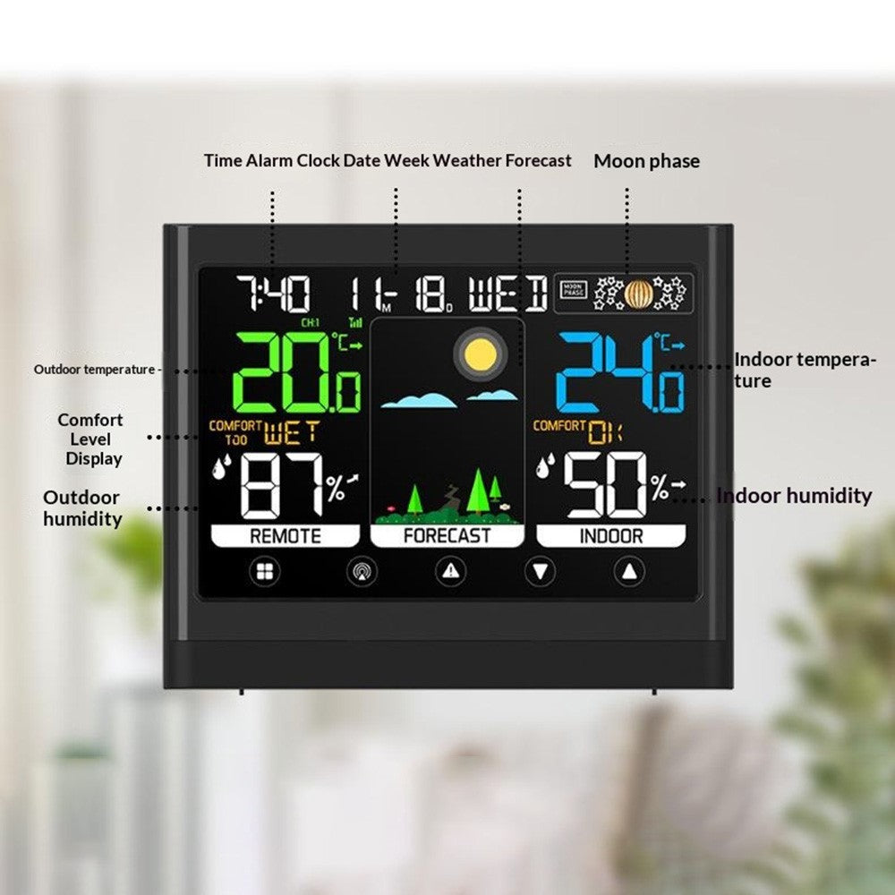 Color Touch Screen Weather Clock RF Wireless Thermometer Hygrometer Weather Forecast Alarm Clock