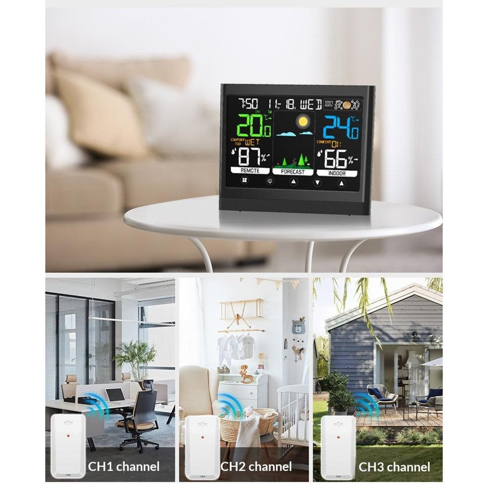 Color Touch Screen Weather Clock RF Wireless Thermometer Hygrometer Weather Forecast Alarm Clock